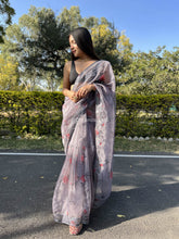 Grey Printed Lace Cloud Grey Organza Saree